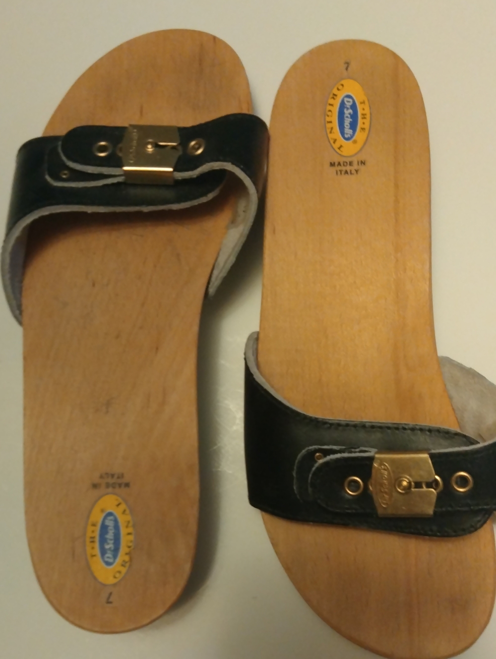 Dr. Scholl's Black Leather Slide Mules with Gold-Tone Buckle
